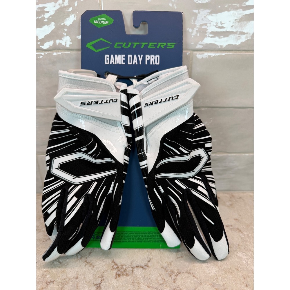Cutters Game Day Pro Youth Football Receiver Gloves Black White Medium NWT